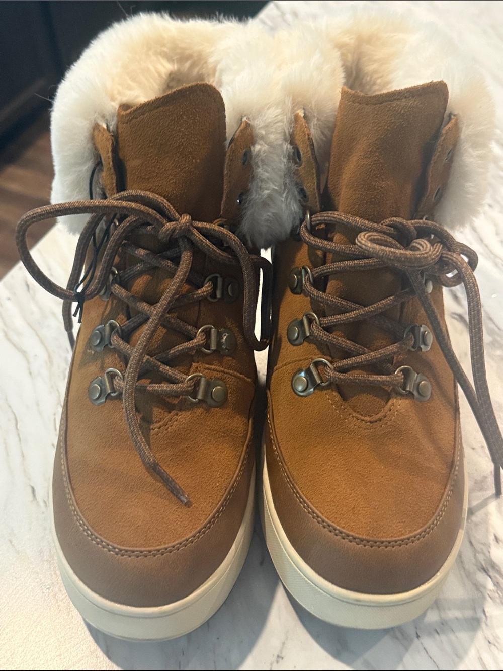 Koolaburra Brown Faux-Fur Collar Lace-Up Women's Boots